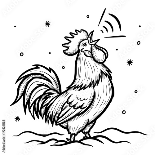 Rooster crowing in snowy landscape with stars in black and white  