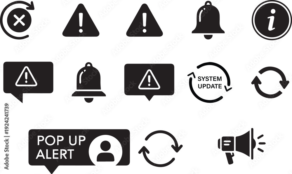 Αυτοκόλλητο Collection of warning and alert icons in black and white