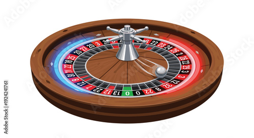 A detailed wooden roulette wheel with a spinning white ball is illuminated by distinct red and blue neon lights on a plain white background.
