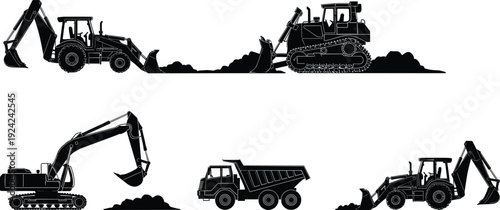 Construction machinery silhouettes including excavator, bulldozer, backhoe loader, and dump truck, heavy equipment vehicles for earthmoving, industrial work vector illustration isolated