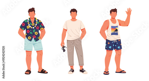 Set vector collections of young men wearing summer seasonal fashion casual streetwear. Modern male summer outfit illustration for travel, lifestyle and fashion marketing