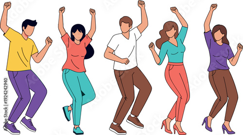 Group of happy young people dancing and celebrating together with hands raised flat vector illustration isolated on white background