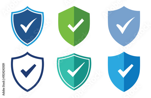 Shield with checkmark icons. Security protection, Verified safe badge symbols for app and web design, Transparent PNG, Vector illustration