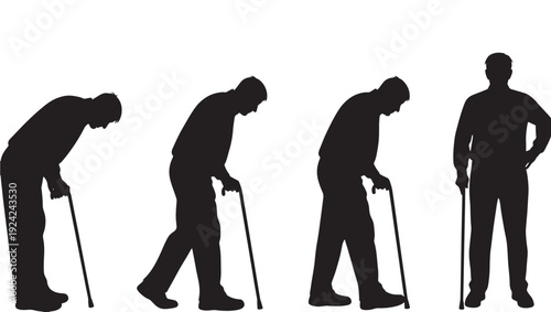 Man silhouettes with cane set in various postures and walking styles, black on white background, isolated vector illustration featuring people, elderly, disabled with mobility aid and assistance