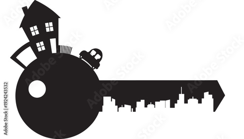 Key silhouette with house and city skyline cutout, urban real estate concept icon showing home ownership, property access, security, mortgage and housing market