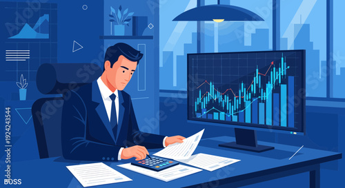 Businessman analyzing financial data and calculating expenses.
