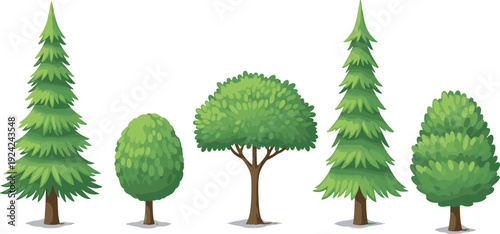 "Stylized tree illustration set featuring coniferous and deciduous varieties with unique foliage shapes, perfect for landscape design, education, and environmental projects"