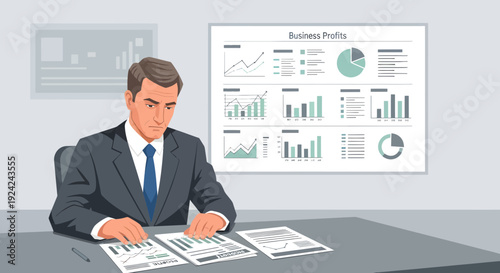 Businessman analyzing financial reports and data charts in a professional office setting.