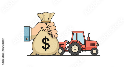 A hand holds a money bag with a dollar sign next to a red farm tractor.