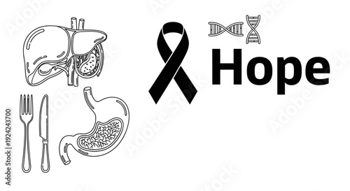 Liver and stomach cancer awareness concept with black ribbon hope text medical icons and dna helix elements