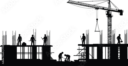 Construction workers silhouettes on building site with tower crane, structural framework, and teamwork activity, industrial engineering scene, heavy equipment vector illustration