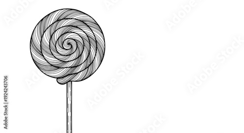Lollipop candy on stick, black and white outline drawing with spiral pattern over clear white background