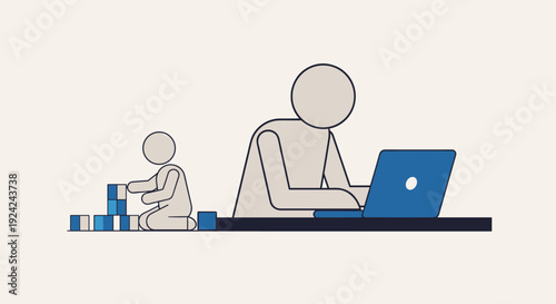 An adult stick figure works on a laptop while a child stick figure plays with blocks.
