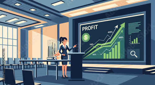 Businesswoman presenting profit growth chart at a conference.