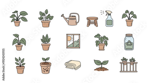 Green Thumb's Delight: A curated collection of plants, tools, and elements for gardening, gardening essentials, perfect for illustrating the joys of indoor greenery and the art of cultivation.