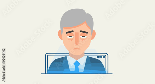 An older man with tired eyes appears from a blue laptop screen.
