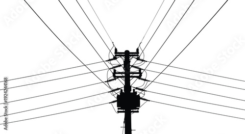 Electric utility pole with transformer and converging power lines silhouette illustration isolated on white background, electrical distribution infrastructure and energy network concept