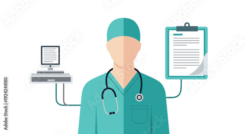 A faceless doctor in teal scrubs with a computer and clipboard is shown.
