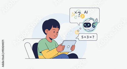A young boy sits on a chair using a tablet, with a robot asking a math question.