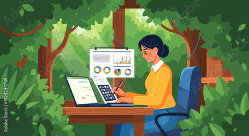 Woman working on laptop and documents in a natural setting.