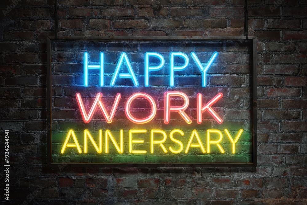 Fototapeta premium Bright neon sign wishing happy work anniversary displayed against a rustic brick wall in a cozy, inviting atmosphere celebrating professional milestones and achievements