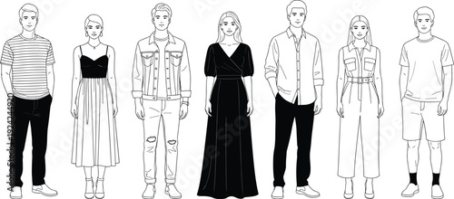 Fashion model characters line art illustration set, stylish men and women outfit designs, vector collection isolated on white background