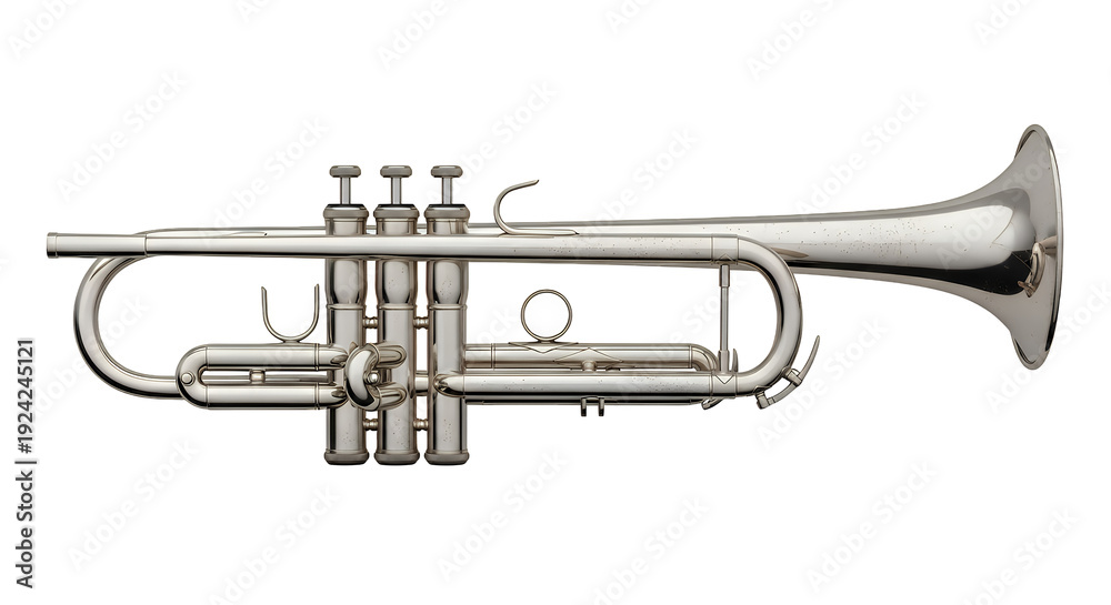 Obraz premium Silver trumpet instrument isolated on transparent background viewed from the side