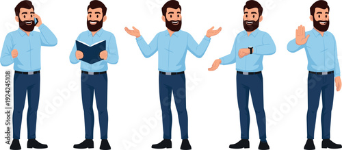 Set of businessman character poses including talking on phone reading book gesturing and checking time flat vector illustration