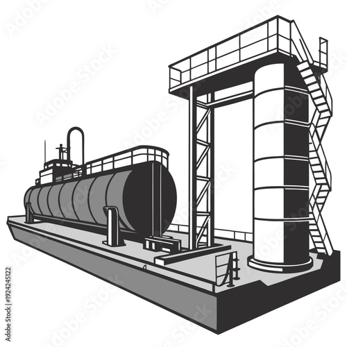 Industrial facility with large cylindrical storage tanks and structure