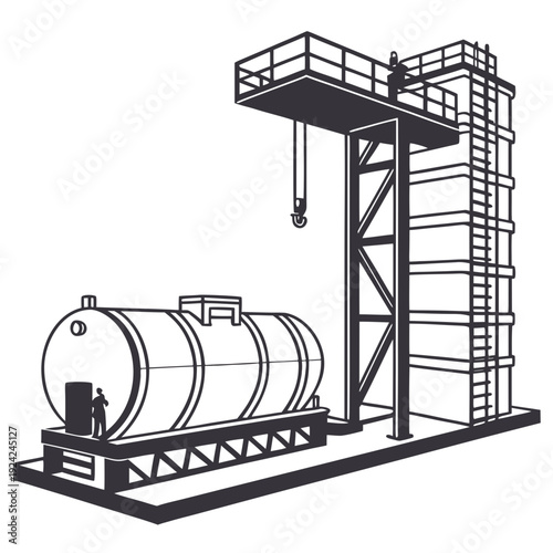 A large metal tank and a tall metal structure with a platform on top