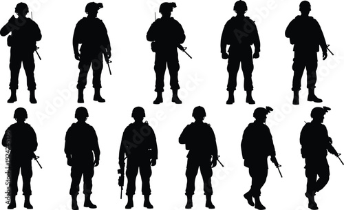 Set of armed soldier silhouettes in tactical military gear, combat troops with rifles isolated on white background, black vector illustration collection
