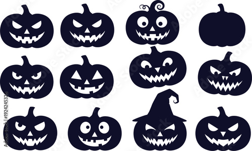 Halloween themed jack-o-lanterns in various scary and funny expressions on white background