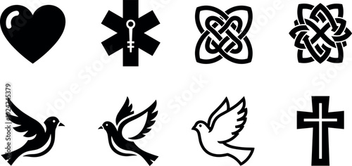 Symbolic Icon Set Featuring Heart, Medical Star, Celtic Knots, Dove Birds, and Christian Cross Symbols for Spiritual, Religious, and Conceptual Design Projects