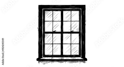 Old window pane with multiple glass sections wooden frame and sill in sketchy hand drawn illustrative style