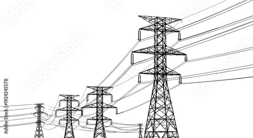 High voltage electrical transmission towers with overhead power lines, energy distribution infrastructure vector illustration isolated on white background for industrial design concept