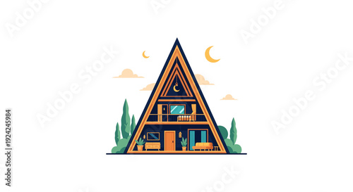 Modern wooden A-frame house at night with warm interior lighting and crescent moon