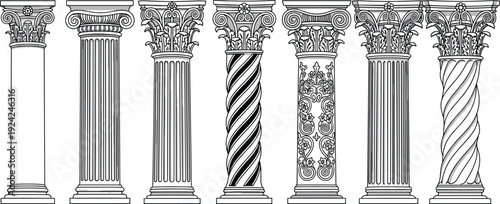 Classic architectural columns line art illustration set, decorative ancient Greek and Roman pillar designs, vector collection isolated on white background