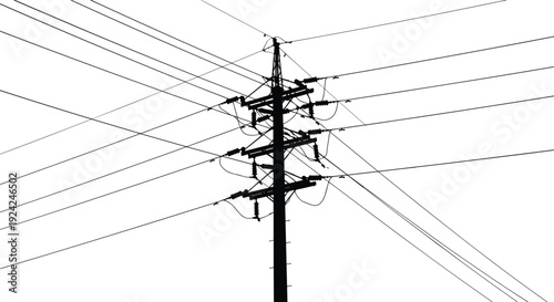 Silhouette of electrical utility pole with complex overhead power lines, urban energy distribution infrastructure vector illustration isolated on white background