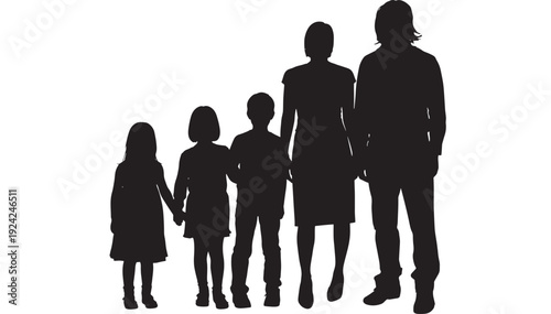 Family silhouette with parents and three children standing together, holding hands, isolated on white background, simple black cutout style for concept design