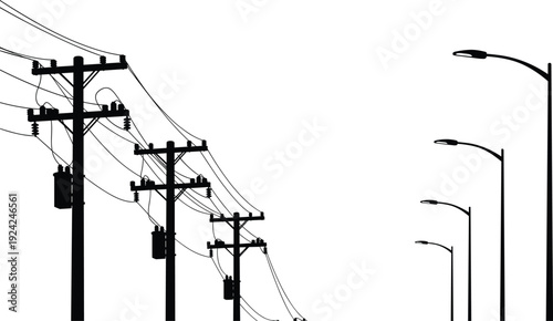 Silhouette of electrical utility poles and overhead power lines with street lights, urban infrastructure vector illustration isolated on white background for distribution concept