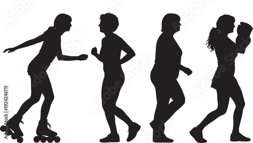 People active silhouette collection showing roller skating, jogging, walking and boxing workout poses, isolated black figures on white background for fitness lifestyle concepts