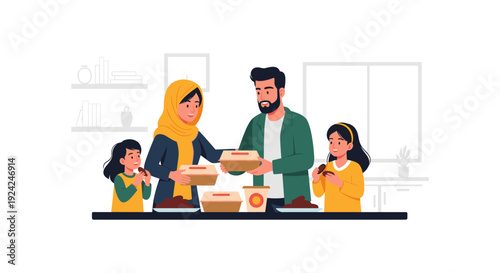 Muslim family celebrating Eid with traditional sweets and gifts at home