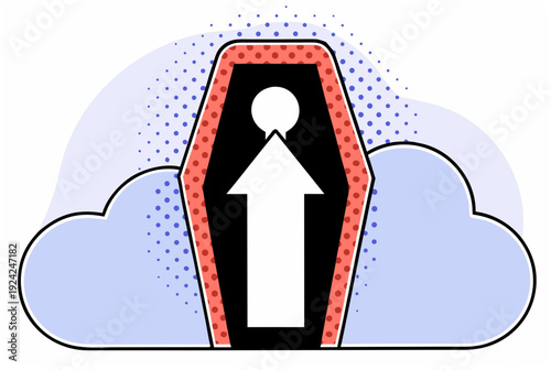 Coffin with ascendant arrow and cloud in pop art style. Digital heaven technology and afterlife download concept. Vector illustration