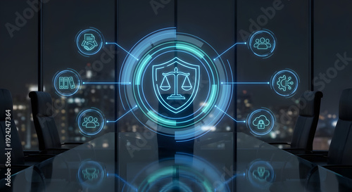 futuristic digital law and justice interface with glowing neon shield scales icon and legal business symbols in dark office for corporate compliance data privacy and cyber law