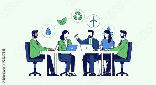 Five diverse business professionals sit around a long white table with laptops, while icons of water, leaves, recycle symbols, and a wind turbine float above.