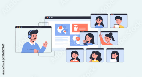 An online presenter conducts a video conference with seven participants in separate windows.