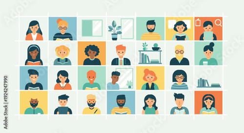 A diverse group of 25 cartoon avatars are displayed in a grid on a light background.