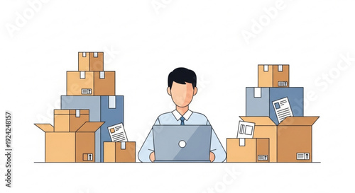 Businessman working on laptop surrounded by stacks of cardboard boxes and packages for shipping and delivery