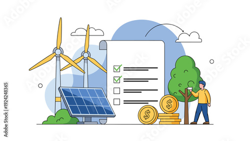 Environmental sustainability concept illustration showing wind turbines, a solar panel, a giant checklist, and a person planting a small tree.