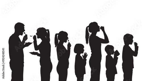 Silhouettes family eating and drinking together, parents and children in side view holding cups and bowls, mealtime concept isolated on white background